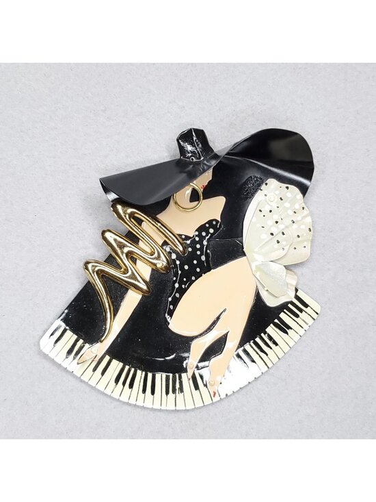 Estate Jewelry - Vintage Brooch Statement Black Gold Tone Pin Up Women Piano Artisan Signed 4"